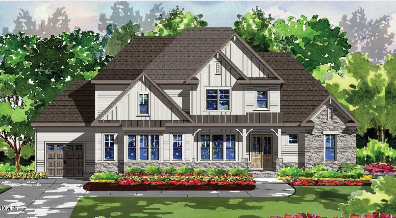 Nestled at 40 Cherry Bark Drive in Youngsville, this two-story suburban house features gabled roofs, gray siding, stone accents, and blue windows. Surrounded by trees, a green lawn, and colorful flower beds under a bright sky, it offers both charm and tranquility.