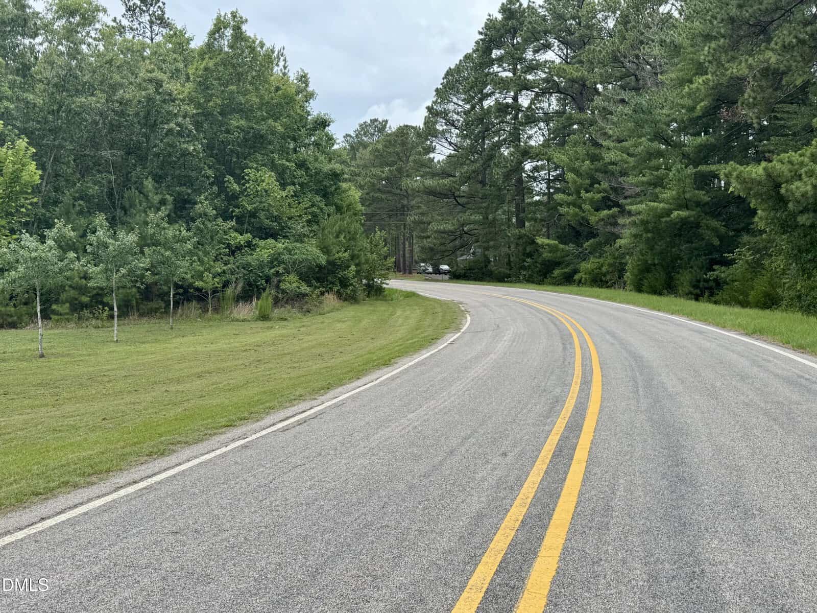 A two-lane road curves to the right, bordered by grass and dense green trees on both sides under a cloudy sky.