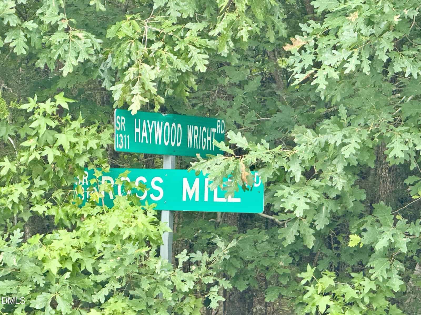 Two green street signs partly covered by leafy branches read “Haywood Wright Rd” and “Ross Mill.” The signs are mounted on a metal pole.