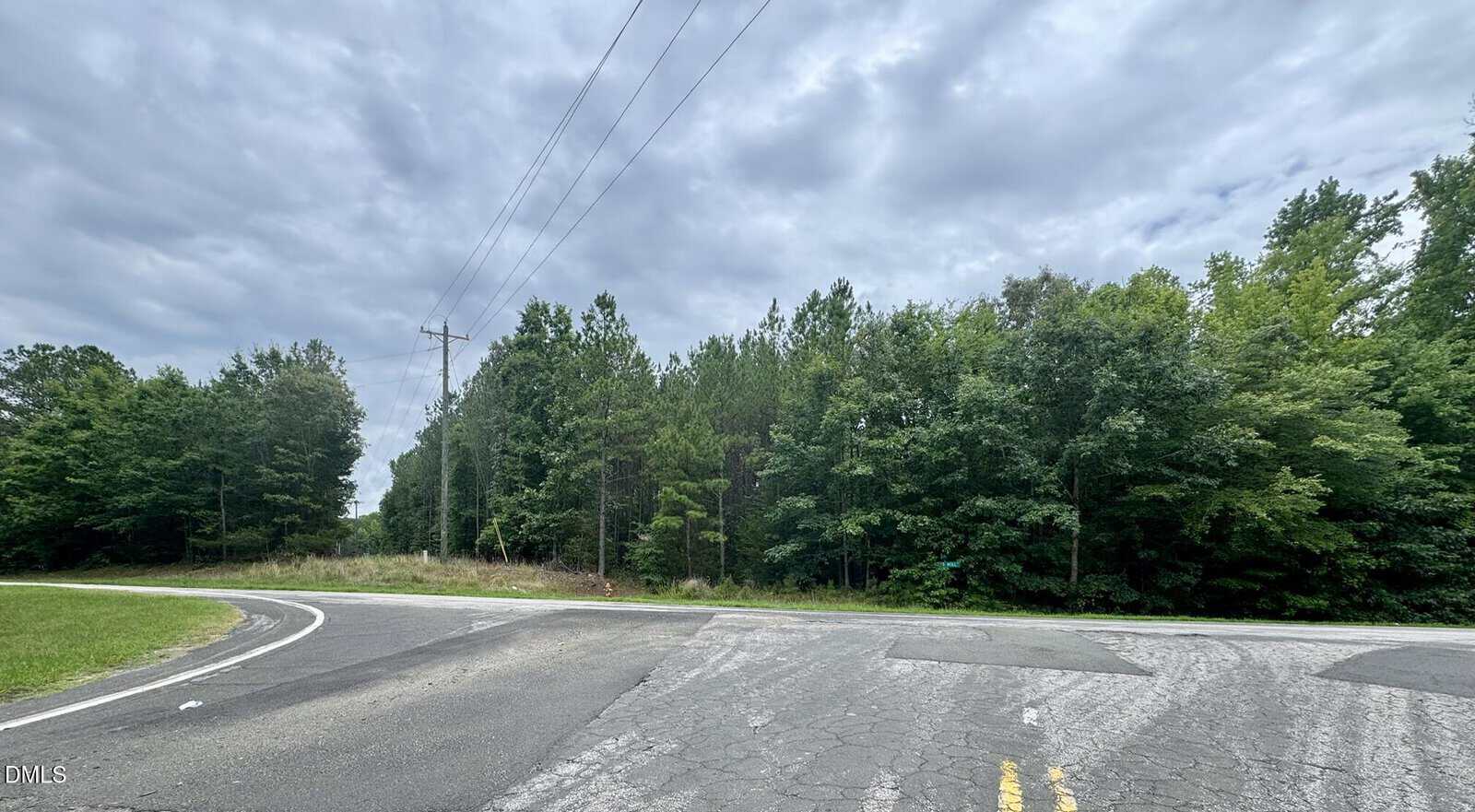A rural, cracked asphalt road curves left near a forested area with dense green trees under a cloudy sky and power lines running alongside the road.