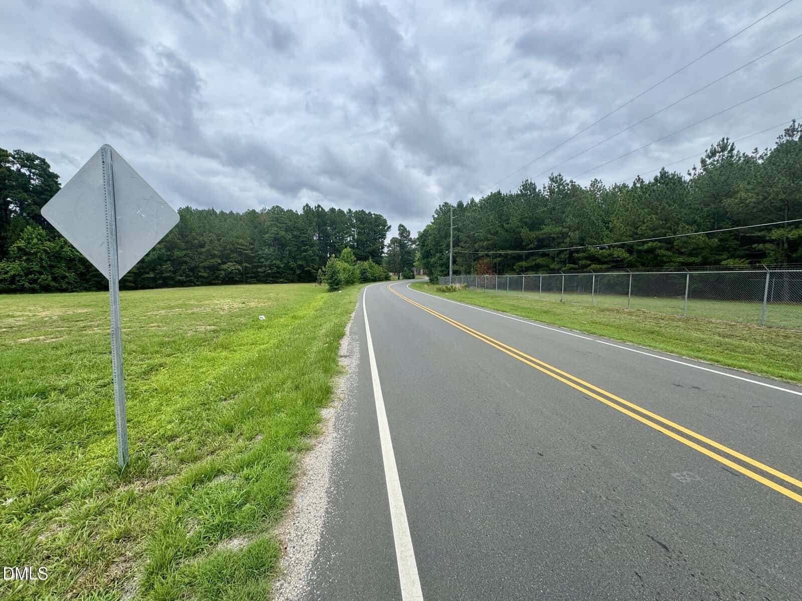 A curved, two-lane road runs through a rural area with grassy fields and trees under a cloudy sky. A blank road sign is on the left, and a chain-link fence lines the right side.