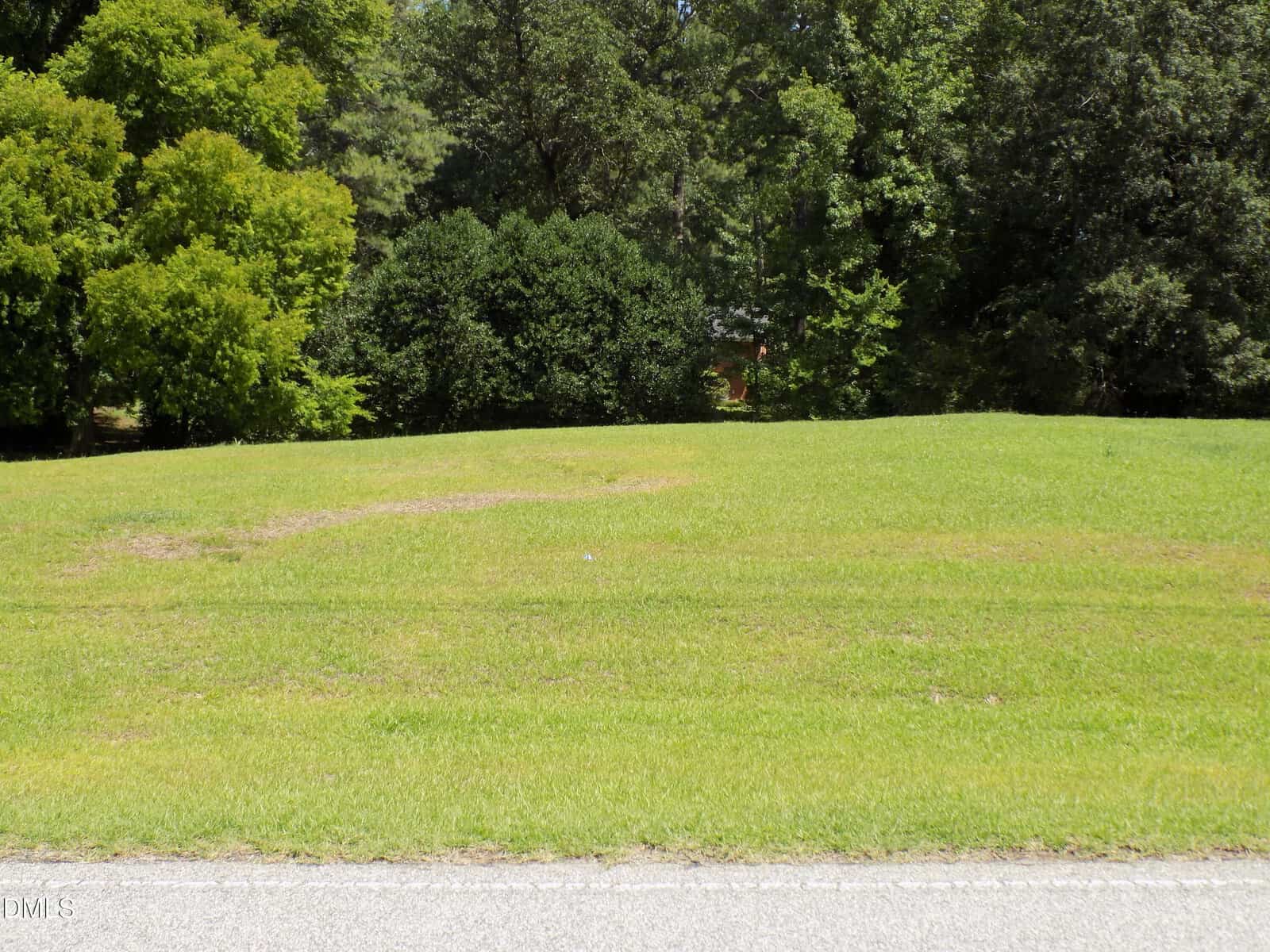 A grassy, slightly uneven lawn with a paved edge in the foreground at 0 Allen Lane, Louisburg, bordered by dense, leafy green trees in the background on a sunny day.