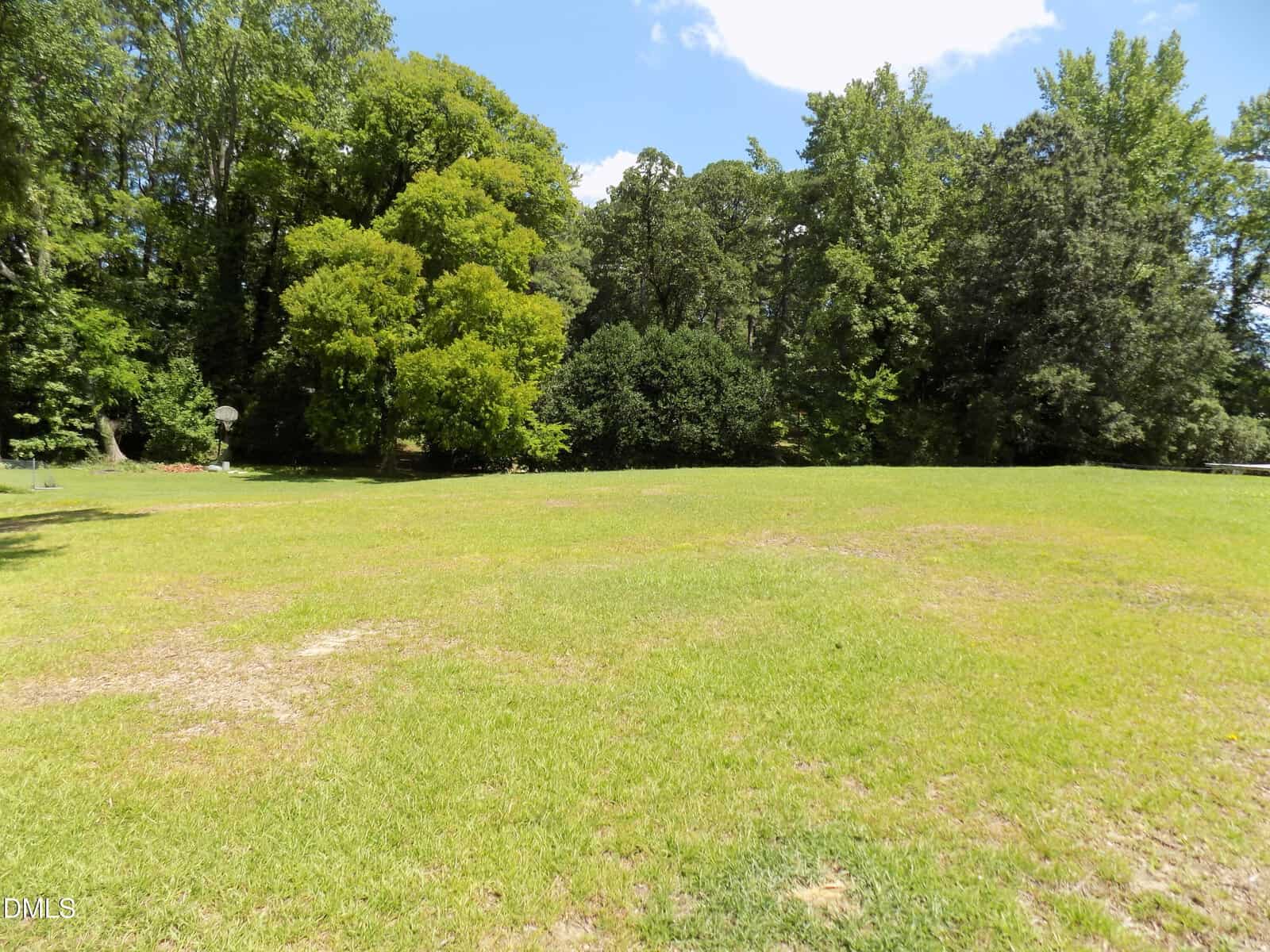 A large, grassy field with patchy areas is bordered by tall, leafy trees under a blue sky with scattered clouds.