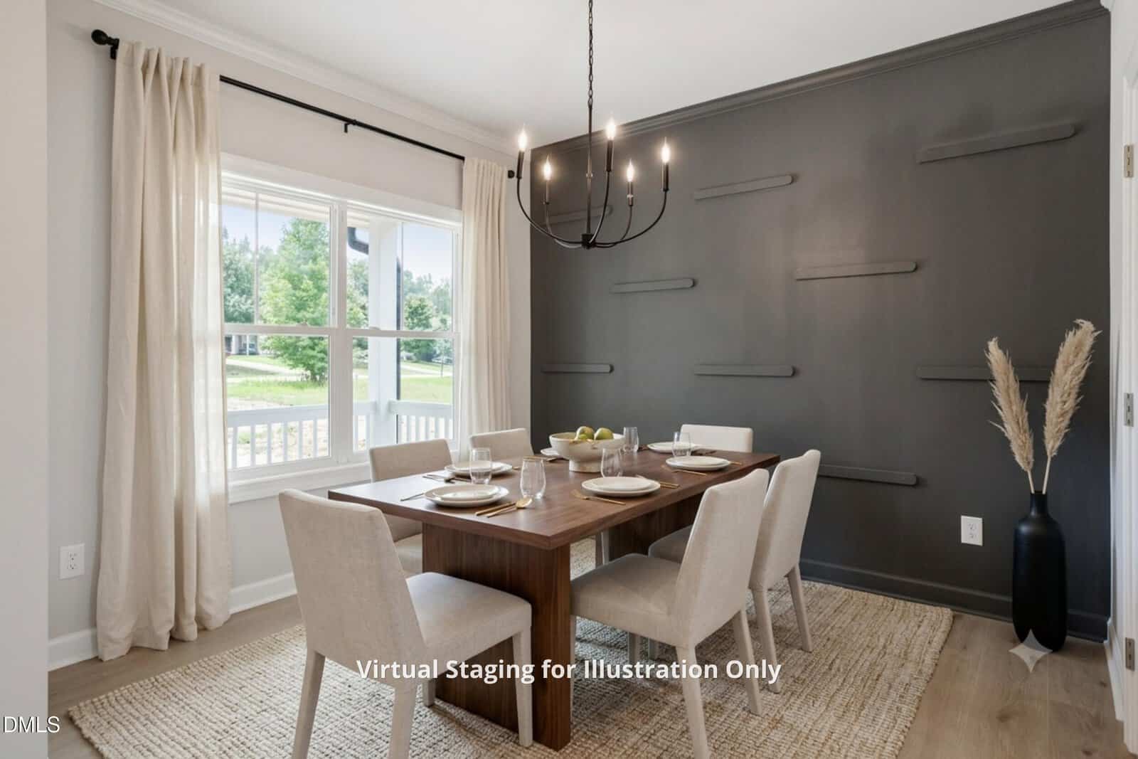 Modern dining room with a dark accent wall, wood table set for four, beige chairs, large window with cream curtains, woven rug, black chandelier, and decorative vase with pampas grass. Text reads: "Virtual Staging for Illustration Only.