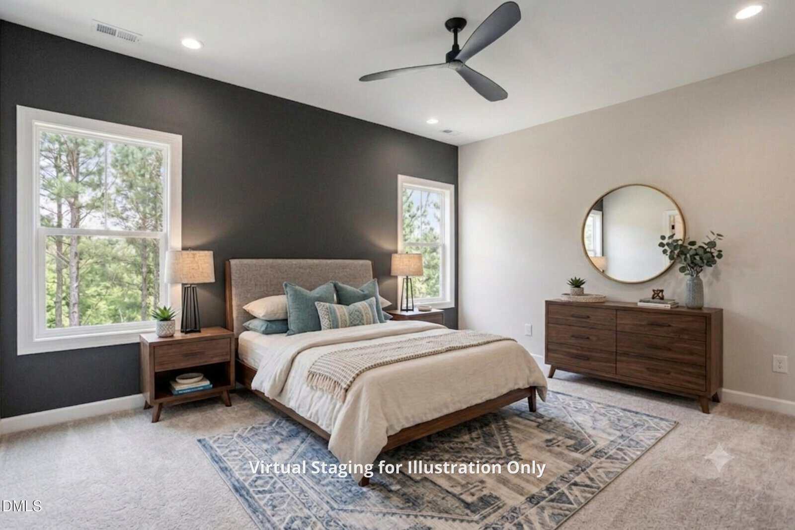 Modern bedroom with a dark accent wall, bed with neutral bedding, two windows, matching nightstands and lamps, large round mirror above a wooden dresser, and a ceiling fan. Text reads: "Virtual Staging for Illustration Only.