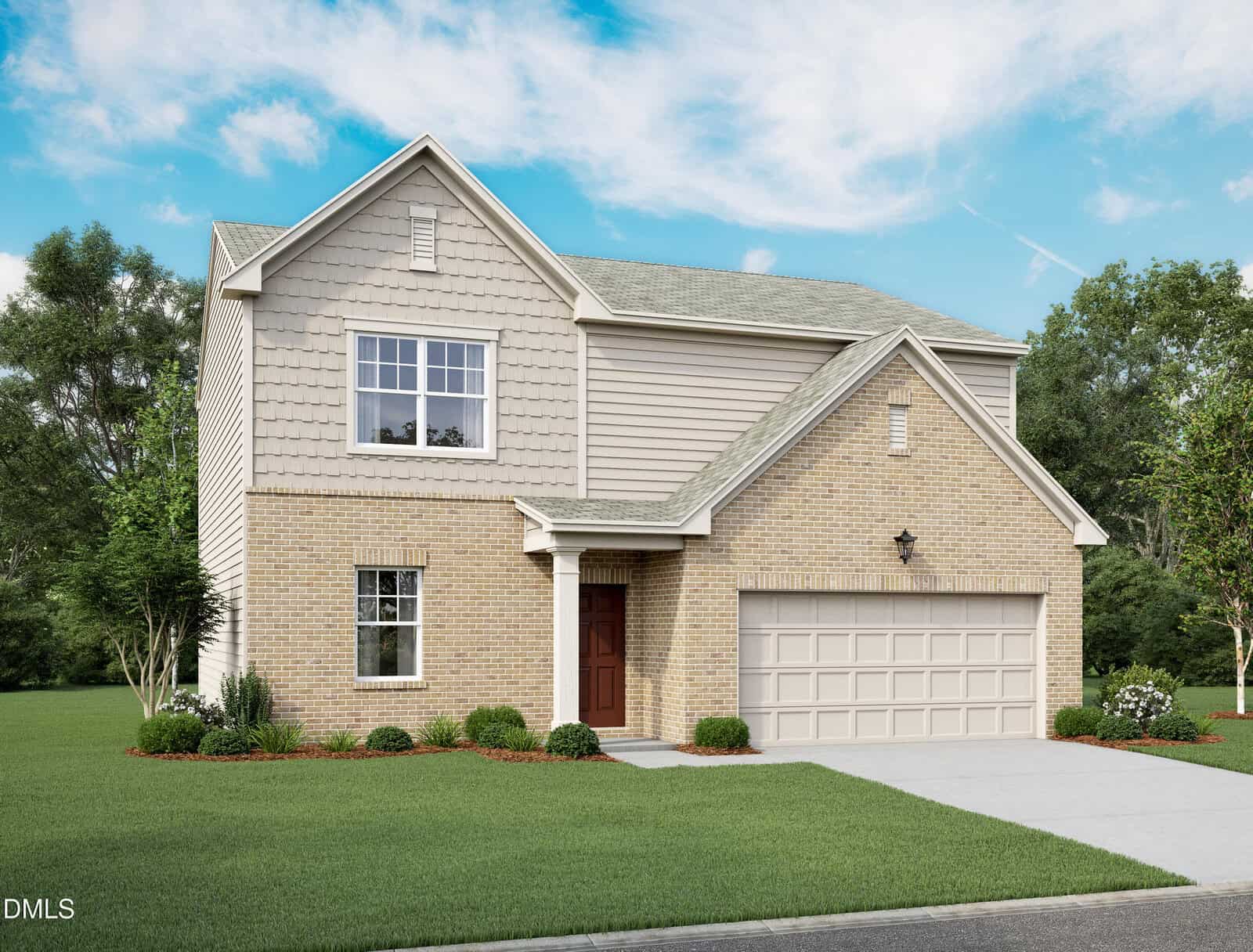 Two-story suburban house at 211 Tar Banks Drive in Louisburg with beige brick and light siding, double garage, red front door, and manicured lawn, surrounded by green trees under a partly cloudy sky.