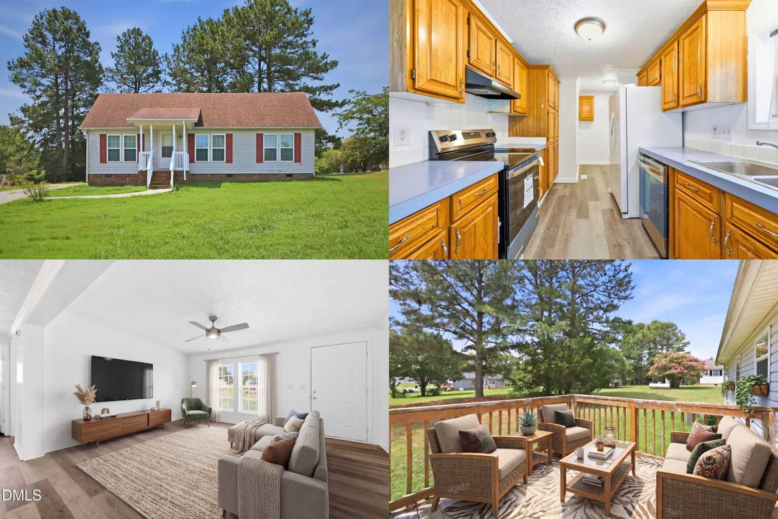 Collage of a house at 111 Clubview Place, Oxford: front exterior, kitchen with wood cabinets, bright living room with TV, and a wooden deck with outdoor seating overlooking a grassy yard with trees.