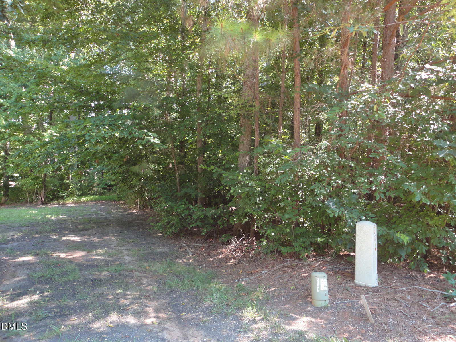 A shaded, wooded area with dense green trees and a dirt path. Two utility boxes are visible in the foreground near the edge of the forest.