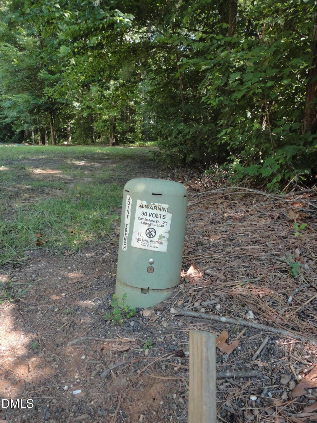 A green utility box marked "WARNING 50 VOLTS" stands on dirt near grass and trees, partially surrounded by leaves and twigs at the edge of a wooded area.