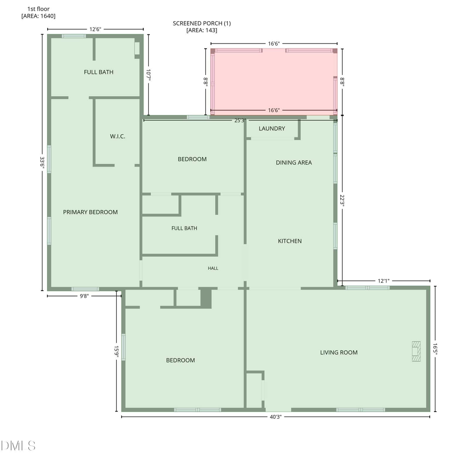 Floor plan of a house with three bedrooms, two full baths, a kitchen, dining area, laundry, living room, walk-in closet, hall, and a screened porch highlighted in pink at the top right.