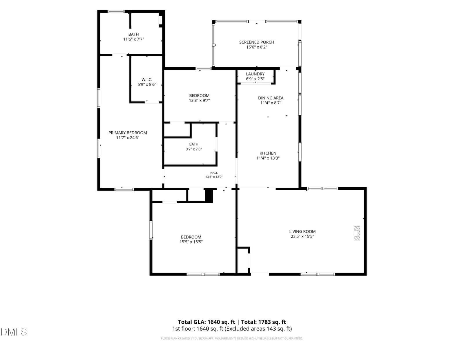 Black and white floor plan showing three bedrooms, two bathrooms, kitchen, dining area, living room, laundry, screened porch, and walk-in closet. Total GLA: 1,640 sq. ft.; total: 1,783 sq. ft. Room sizes are labeled.