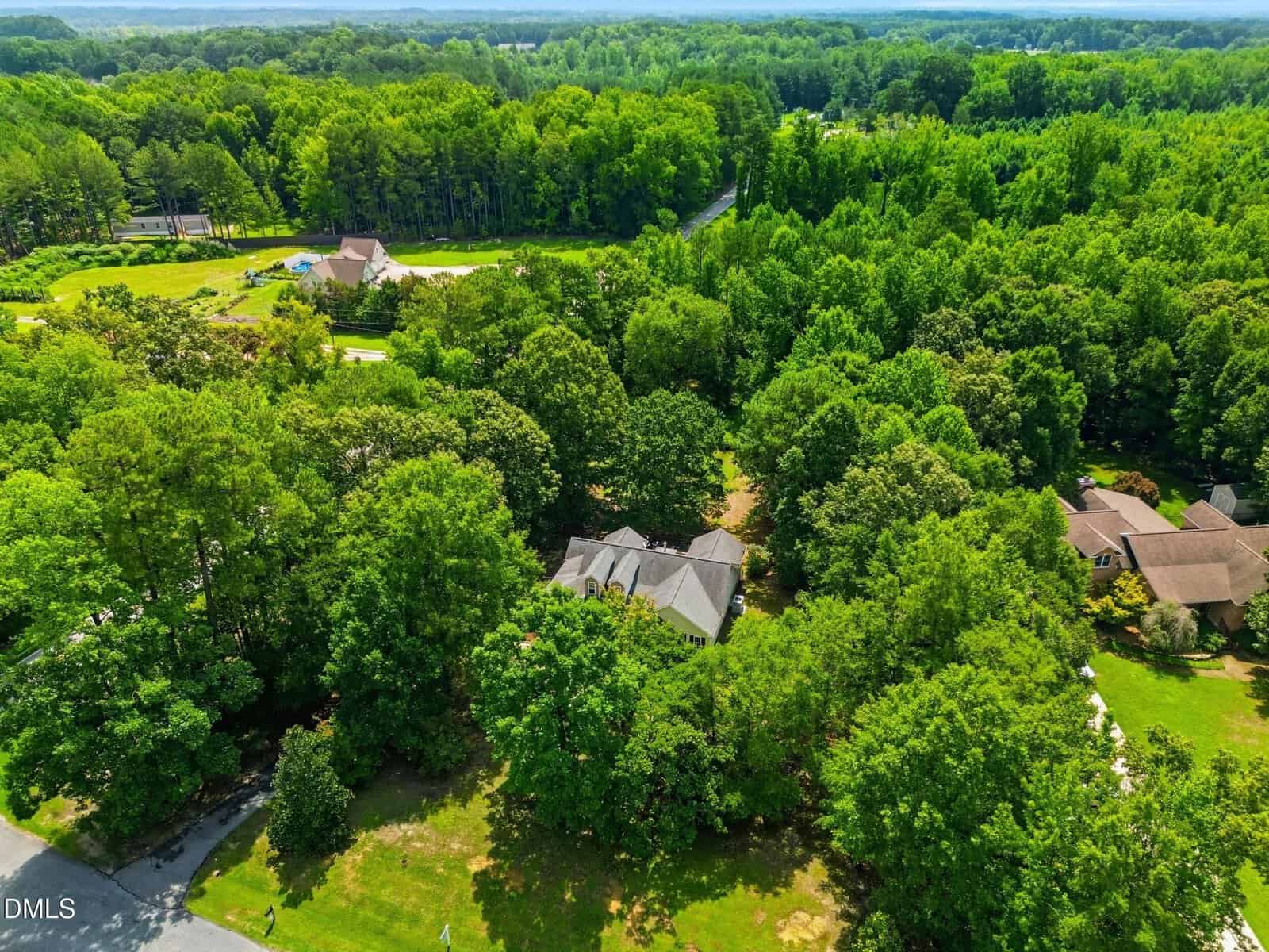 Aerial view of a house surrounded by dense green trees and neighboring homes, with a road in the foreground and expansive forest in the background.