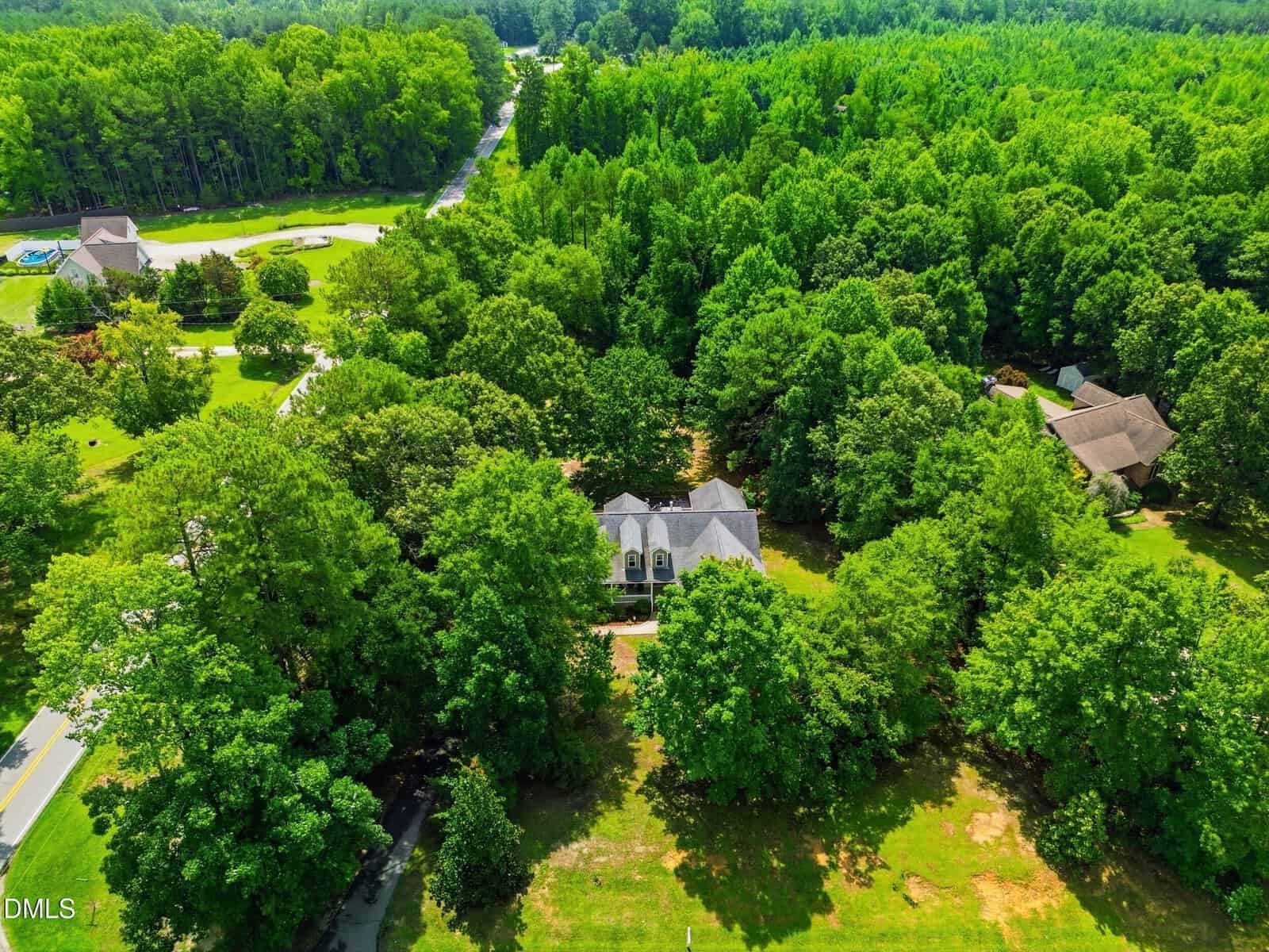 Aerial view of a large house surrounded by dense green trees, with other houses and roads visible nearby on a sunny day.
