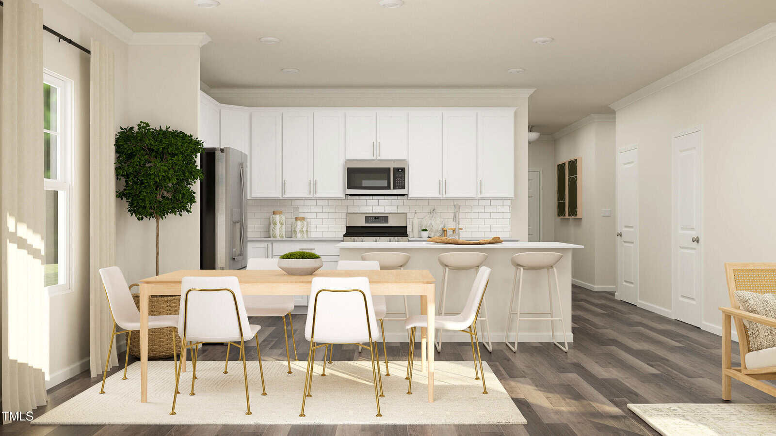 Modern kitchen and dining area with white cabinets, stainless steel appliances, a wooden dining table with six chairs, a kitchen island with barstools, a potted plant, and wood-look flooring.