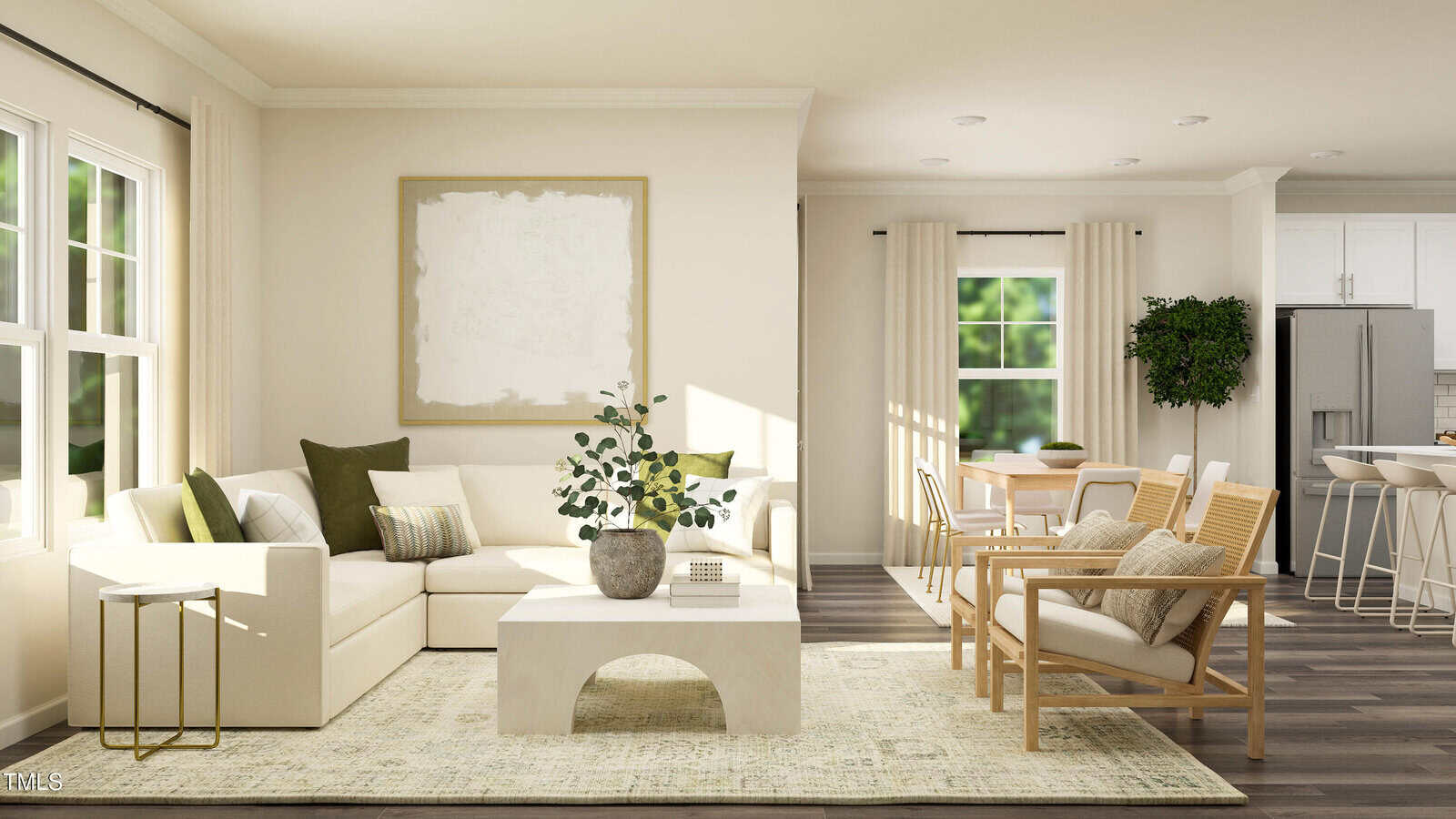 A bright living room with a white sectional sofa, green and beige pillows, a coffee table, two wooden chairs, a dining table in the background, large windows, and neutral decor.
