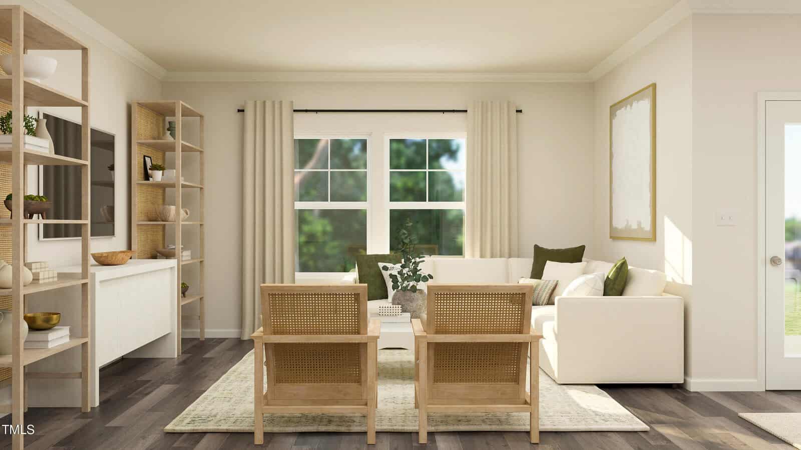 Bright living room with large windows, light-colored sofa, two wood-framed chairs, shelving units, a white rug, and neutral decor. Sunlight streams in, highlighting the cozy, modern space with green accents and soft curtains.