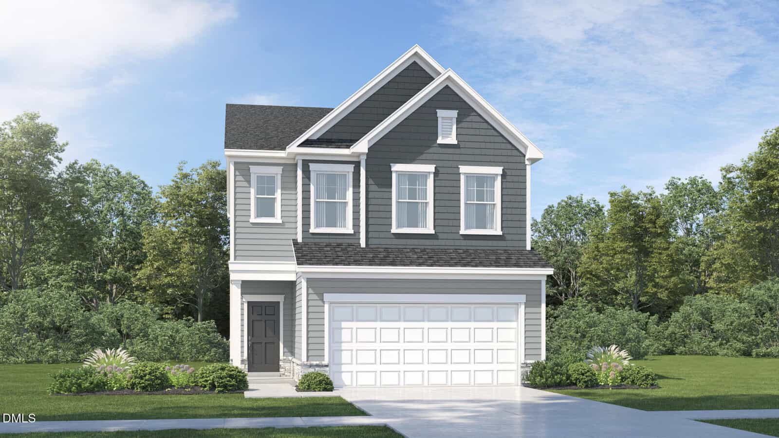 Two-story modern house at 445 Park Slope Way in Youngsville, featuring gray siding, white trim, and a double garage. The home has a gabled roof and sits in front of green trees under a blue sky with light clouds.