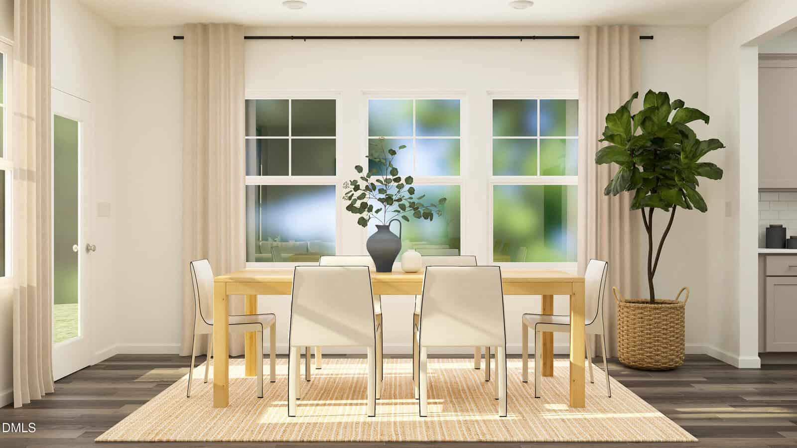 A modern dining room with a wooden table, six white chairs, a black vase with branches as a centerpiece, large windows with beige curtains, a potted plant, and neutral decor.