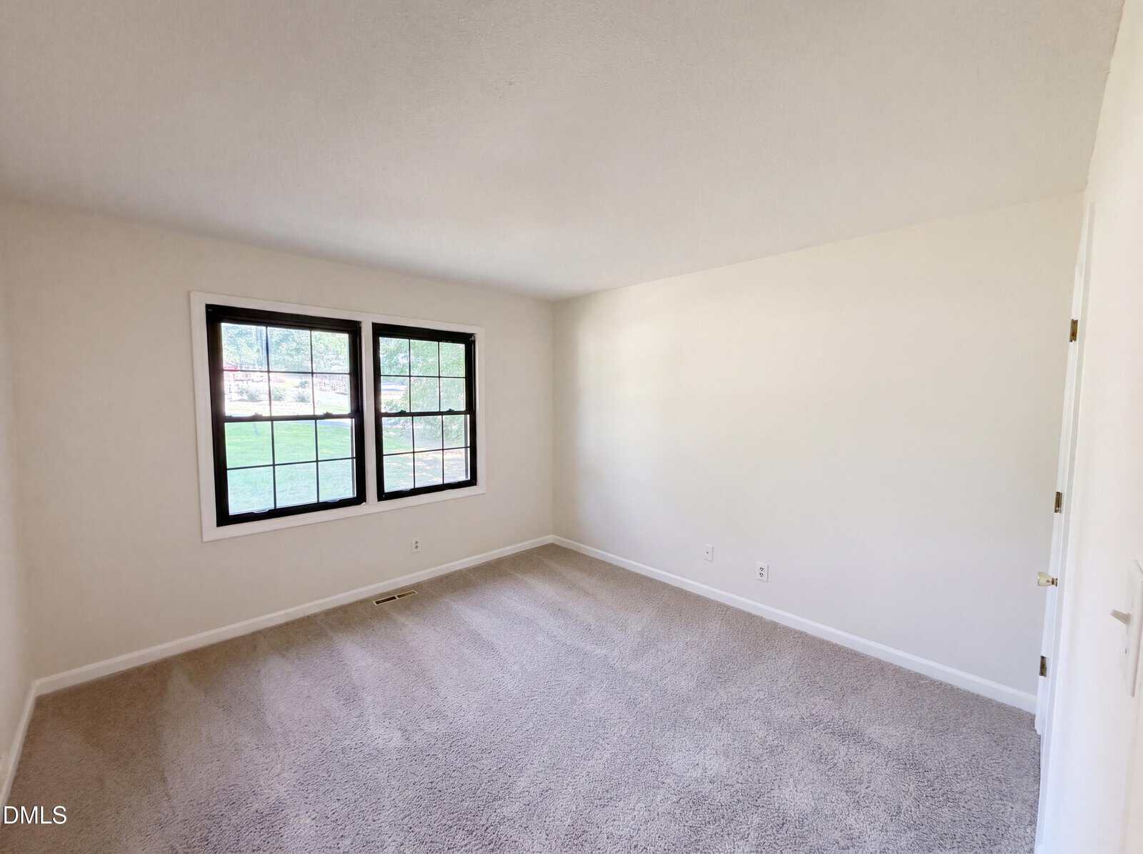 Empty room with light-colored carpet, white walls, and two large windows with black frames on the left wall. Sunlight shines in, showing a grassy yard outside.