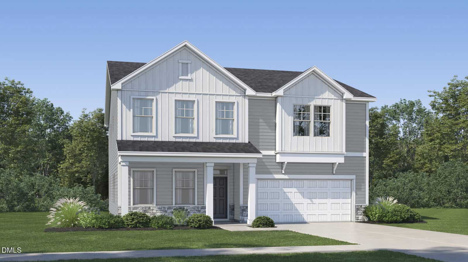 Modern two-story suburban house with gray siding and white trim, located at 415 Park Slope Way in Youngsville. Features a covered front porch and attached two-car garage. The front yard is accented by small bushes and landscaping, with trees and grass in the background under a clear sky.