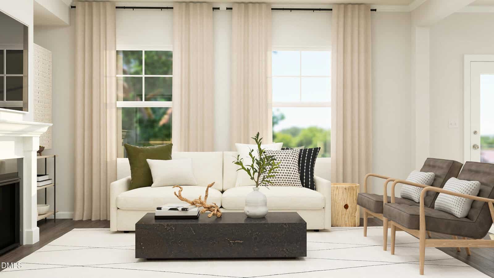 A living room with a white sofa, brown coffee table, two accent chairs, beige curtains, white walls, and a large window letting in natural light. Throw pillows and a plant decorate the sofa and table.