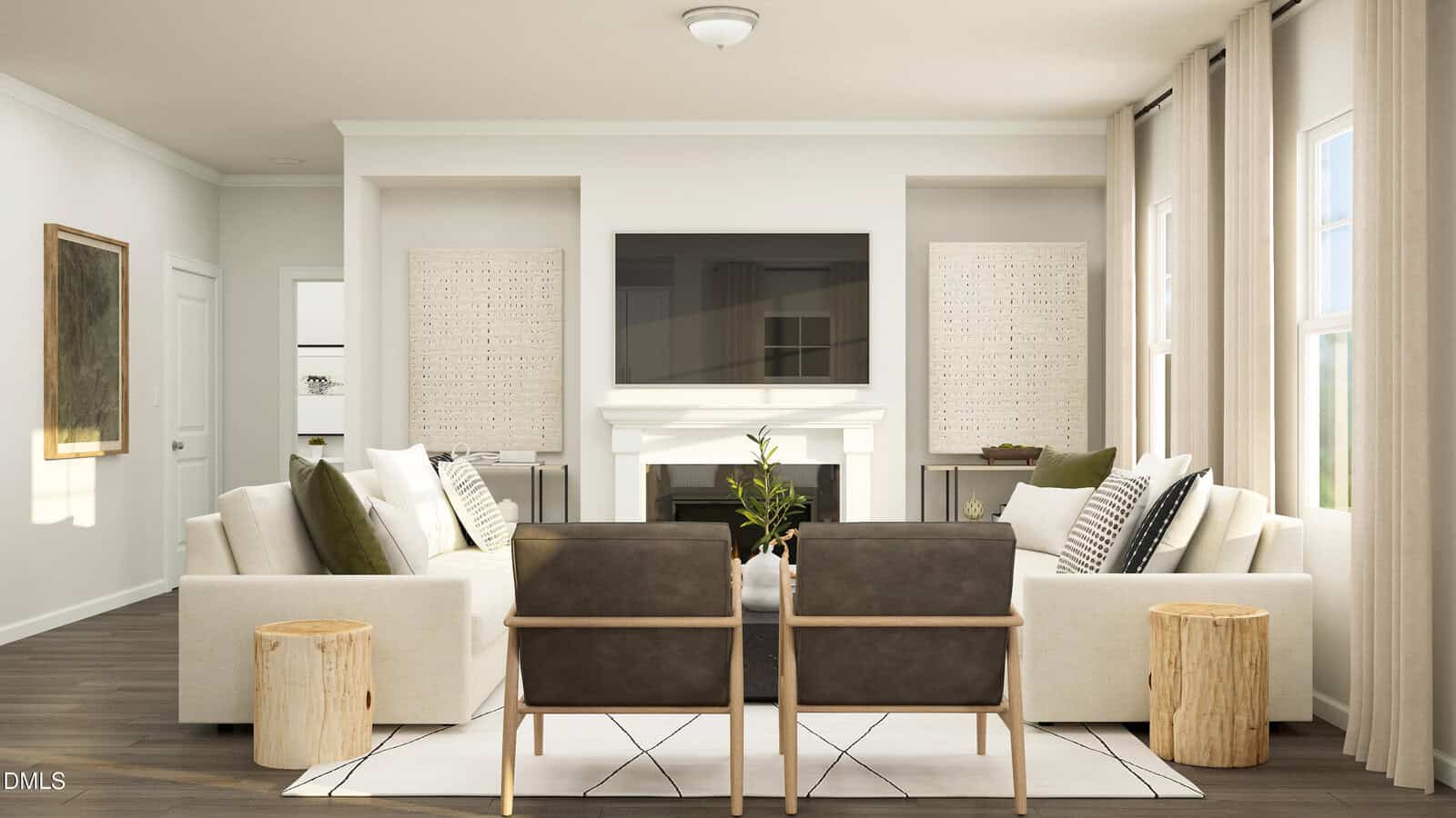 A modern living room with two beige sofas, two dark brown chairs, a fireplace under a wall-mounted TV, light wood side tables, and large windows with beige curtains. Neutral tones and greenery add warmth.