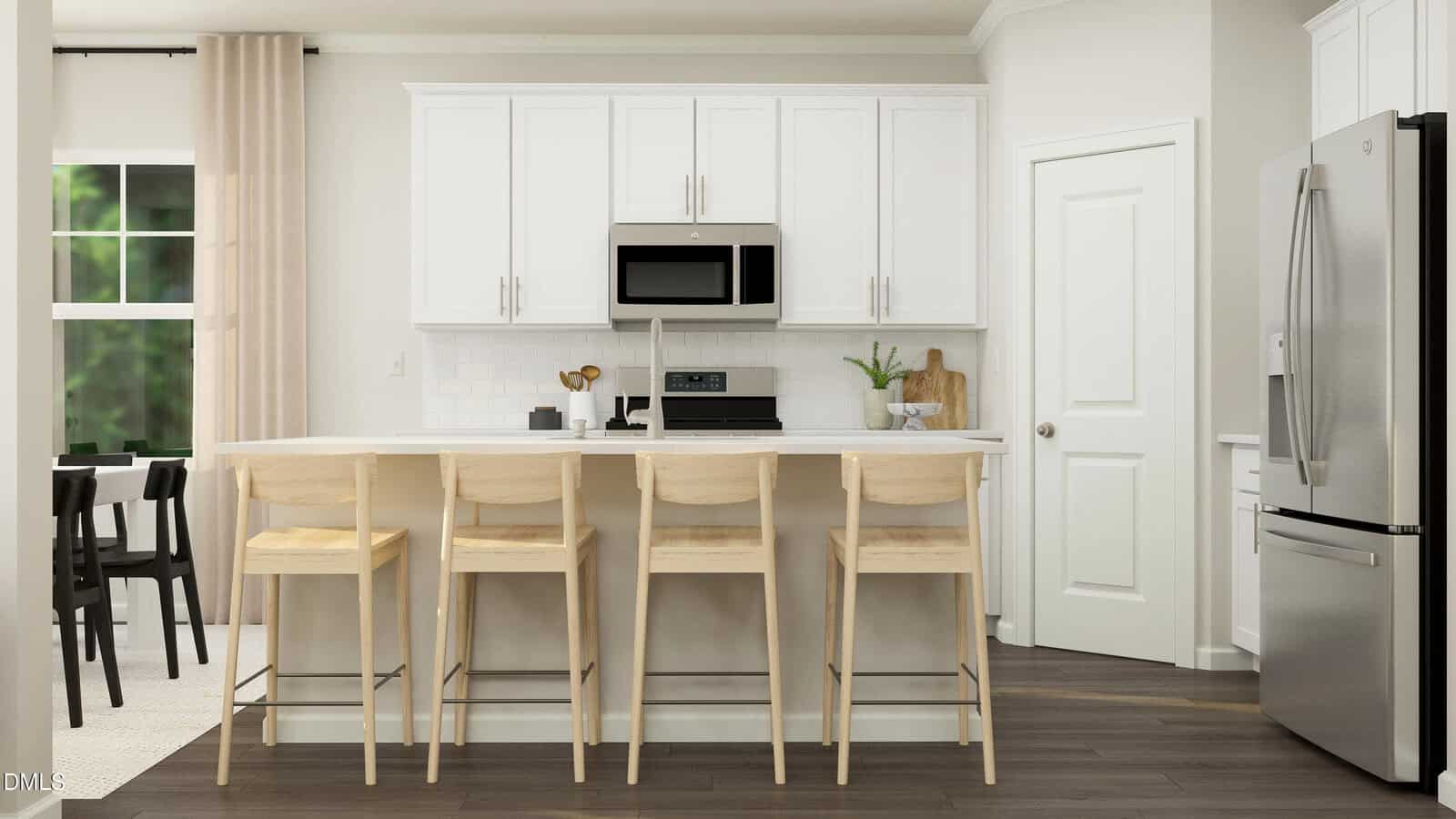 Modern kitchen with white cabinets, stainless steel appliances, a white subway tile backsplash, and a center island with four light wood barstools. Dining area with a table and chairs visible on the left.