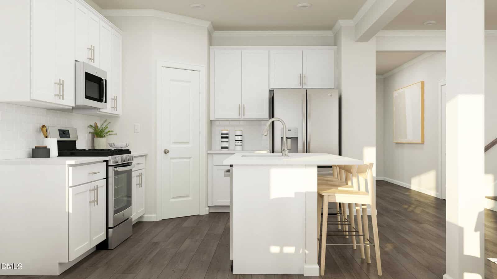 Modern kitchen with white cabinets, stainless steel appliances, a center island with a sink, and two wooden bar stools. The space features light walls and dark wood flooring.
