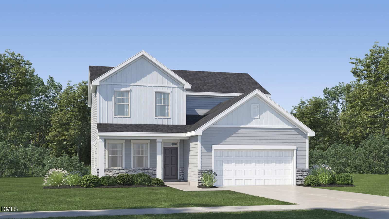 Charming two-story light gray house with a dark roof at 425 Park Slope Way, Youngsville, featuring an attached double garage, covered front porch, and green lawn surrounded by trees under a clear blue sky.