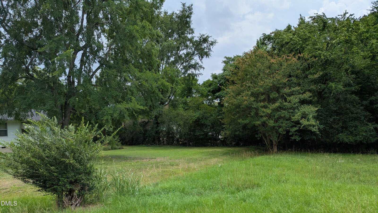 Grassy lot with tall green trees on the sides and in the background. A small bush is in the foreground, and a house is partially visible on the left. The sky is mostly cloudy.