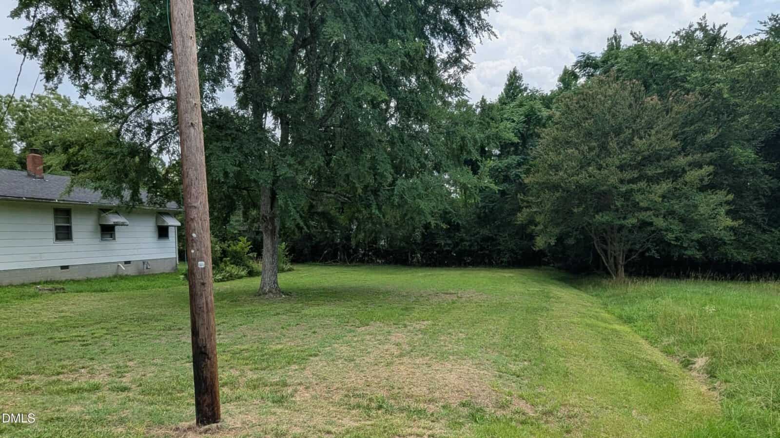 A grassy yard with a wooden utility pole, mature trees, and part of a house on the left; thick trees line the background under a cloudy sky.