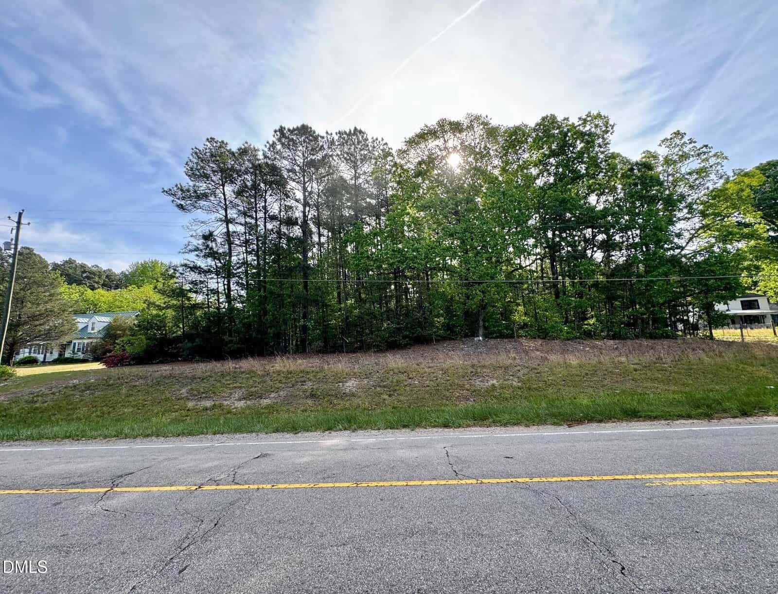 A paved road, known as Norlina 000 Route 1, runs in front of a grassy hill with dense trees. Sunlight shines through the branches. Houses are partially visible on either side, framed by power lines and a clear, blue sky.
