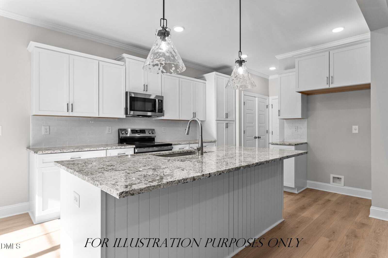 Modern kitchen with white cabinets, stainless steel appliances, granite countertops, pendant lighting, wood floors, and a large island. Text on the image reads "FOR ILLUSTRATION PURPOSES ONLY.