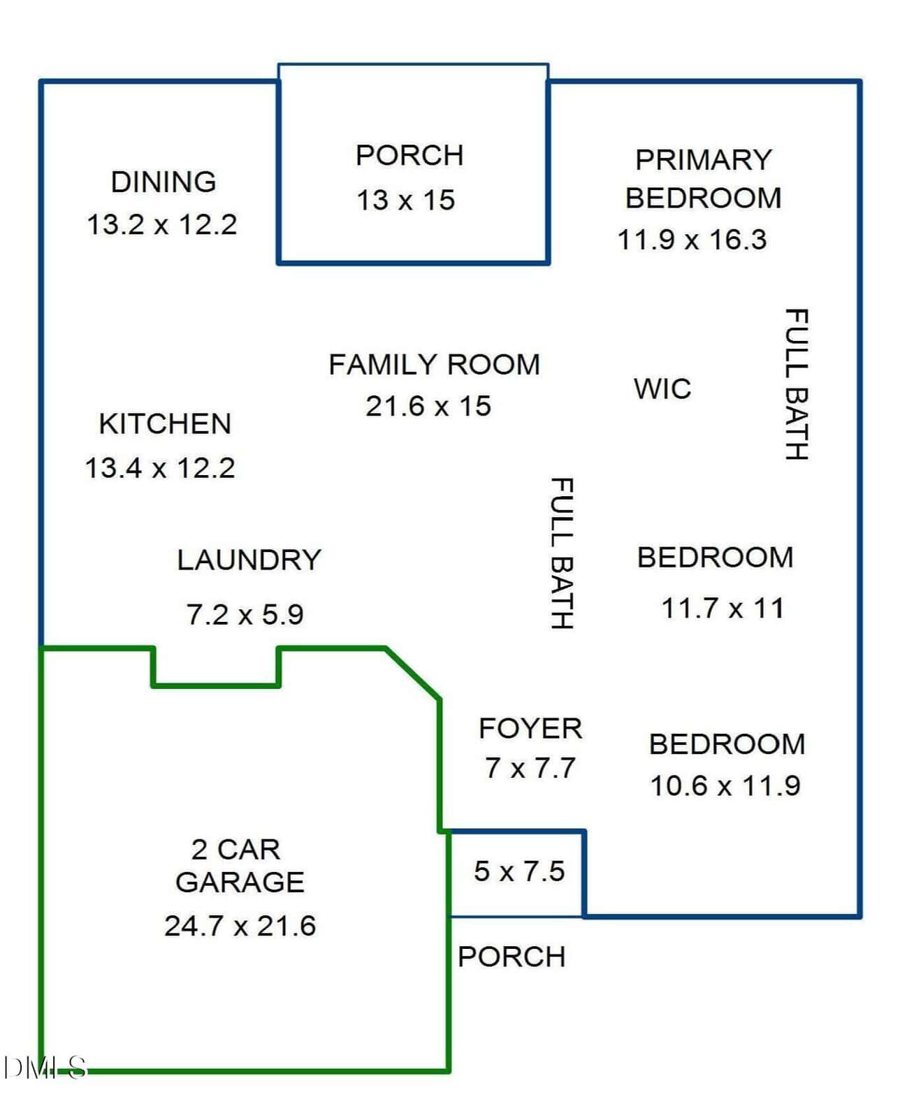 Floor plan diagram labeled with room names and dimensions, including areas for dining, kitchen, laundry, garage, family room, foyer, porch, primary bedroom with WIC, two bathrooms, and two additional bedrooms.