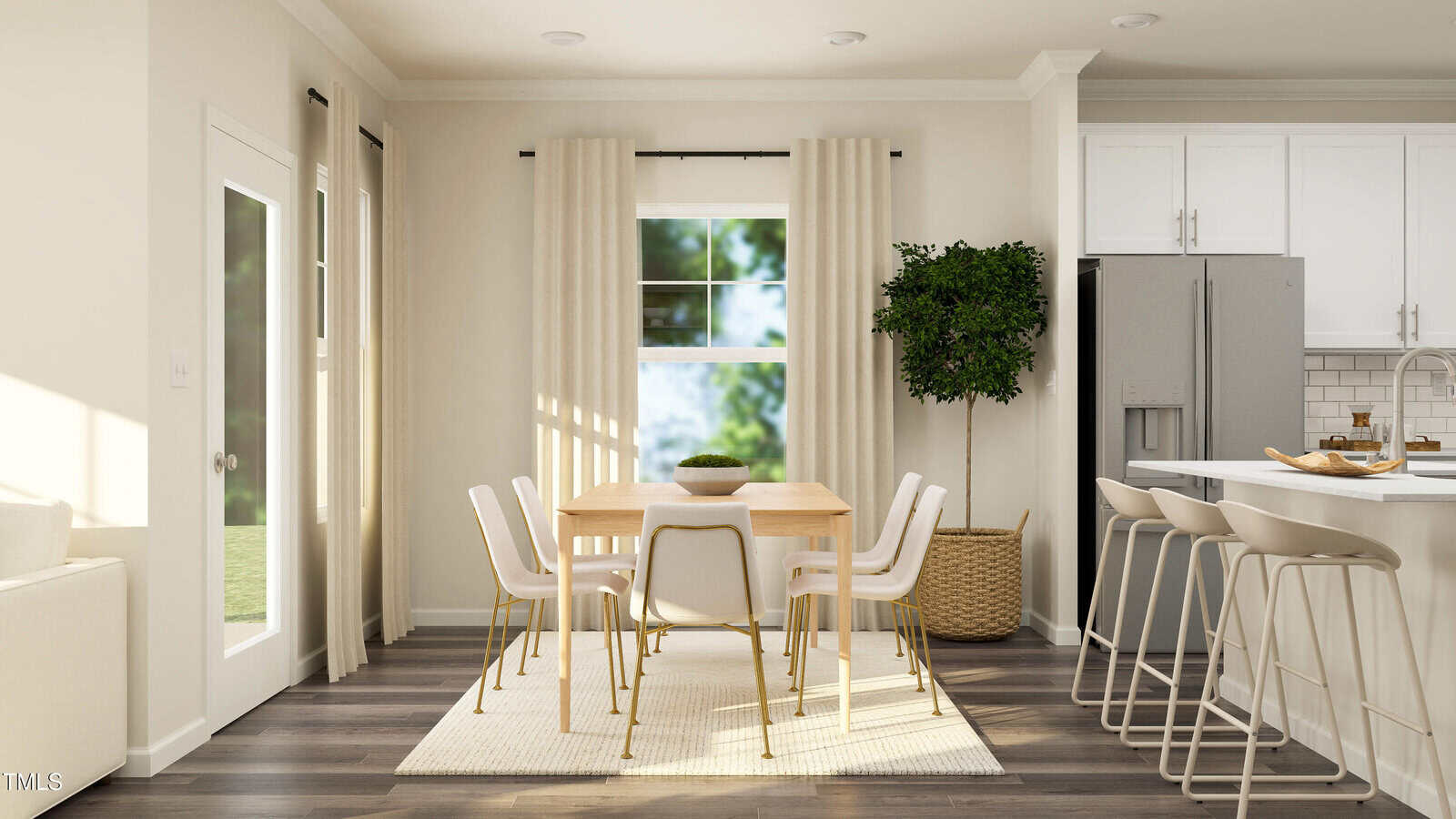 Modern dining area with a wooden table, six white chairs, a potted plant, and neutral decor. Kitchen with white cabinets and a gray fridge is visible. Large window with curtains lets in natural light.
