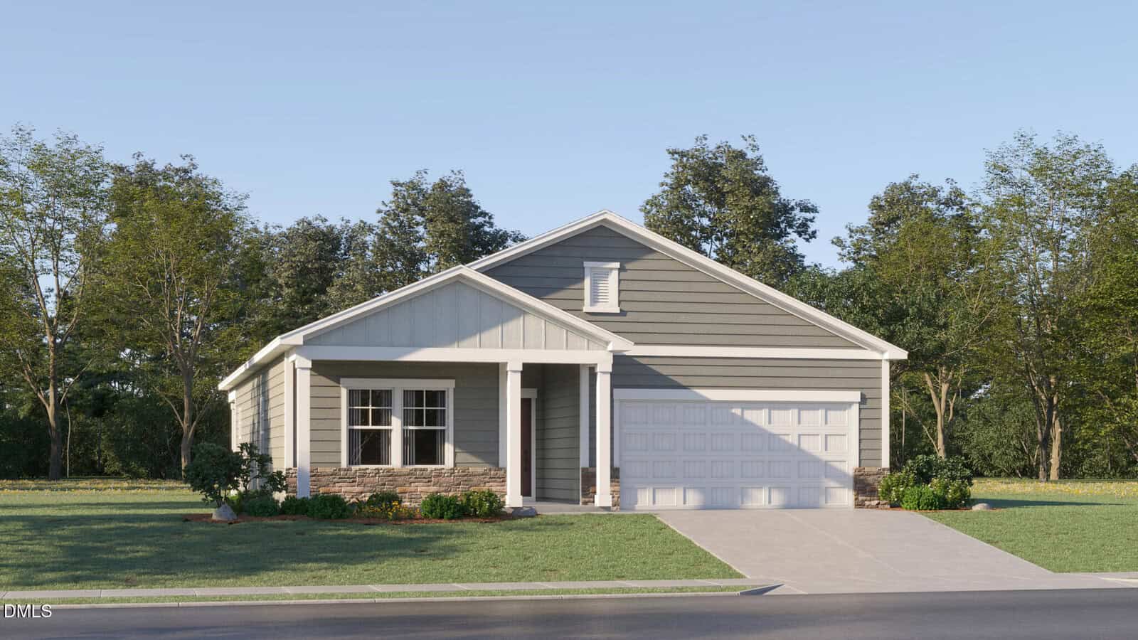 A single-story gray house with white trim, stone accents, a covered porch, and a two-car garage sits on a green lawn with trees in the background under a clear sky in the charming community of Youngsville at 420 Park Slope Way.