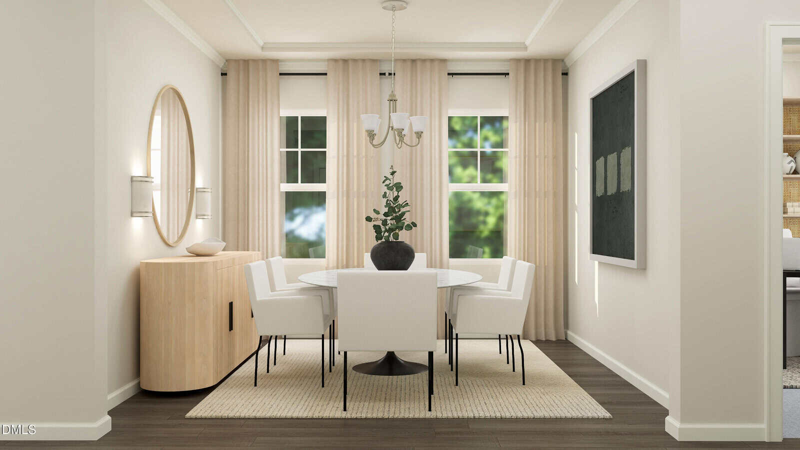Modern dining room at 400 Park Slope Way, Youngsville, featuring a round white table with six matching chairs, a black vase centerpiece, beige curtains, an elegant chandelier, wooden sideboard, round mirror, and framed art on the wall. Large windows fill the space with natural light.