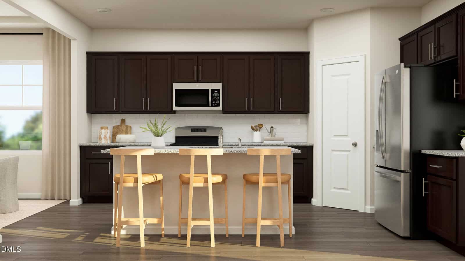 Modern kitchen with dark wood cabinets, stainless steel appliances, a central island with three wooden stools, light countertops, and decor including plants and utensils. Bright natural light from a window on the left.