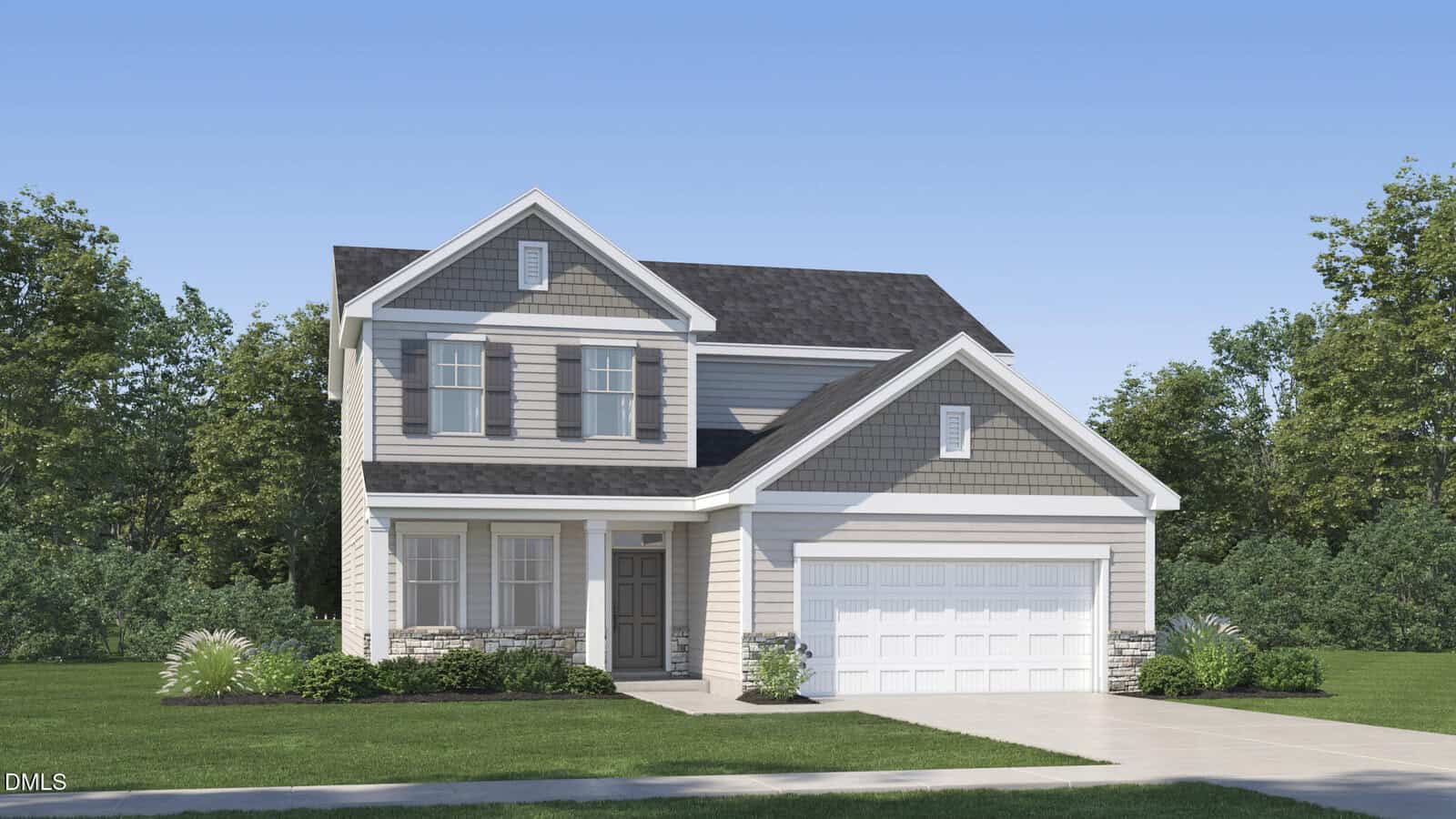 A two-story, suburban house with gray siding, white trim, and a double garage sits on a neatly trimmed lawn at 405 Park Slope Way in Youngsville, surrounded by trees under a clear blue sky.