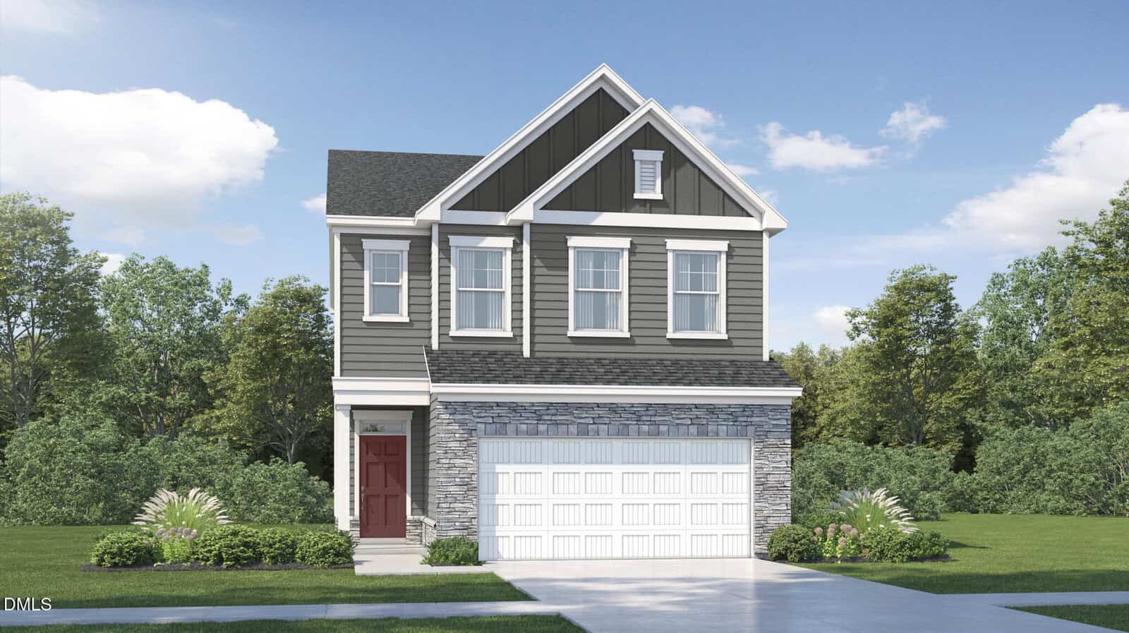 Two-story modern house with gray siding, white trim, a stone facade, and a white double garage door at 410 Park Slope Way in Youngsville, surrounded by green shrubs and trees under a blue sky with clouds.