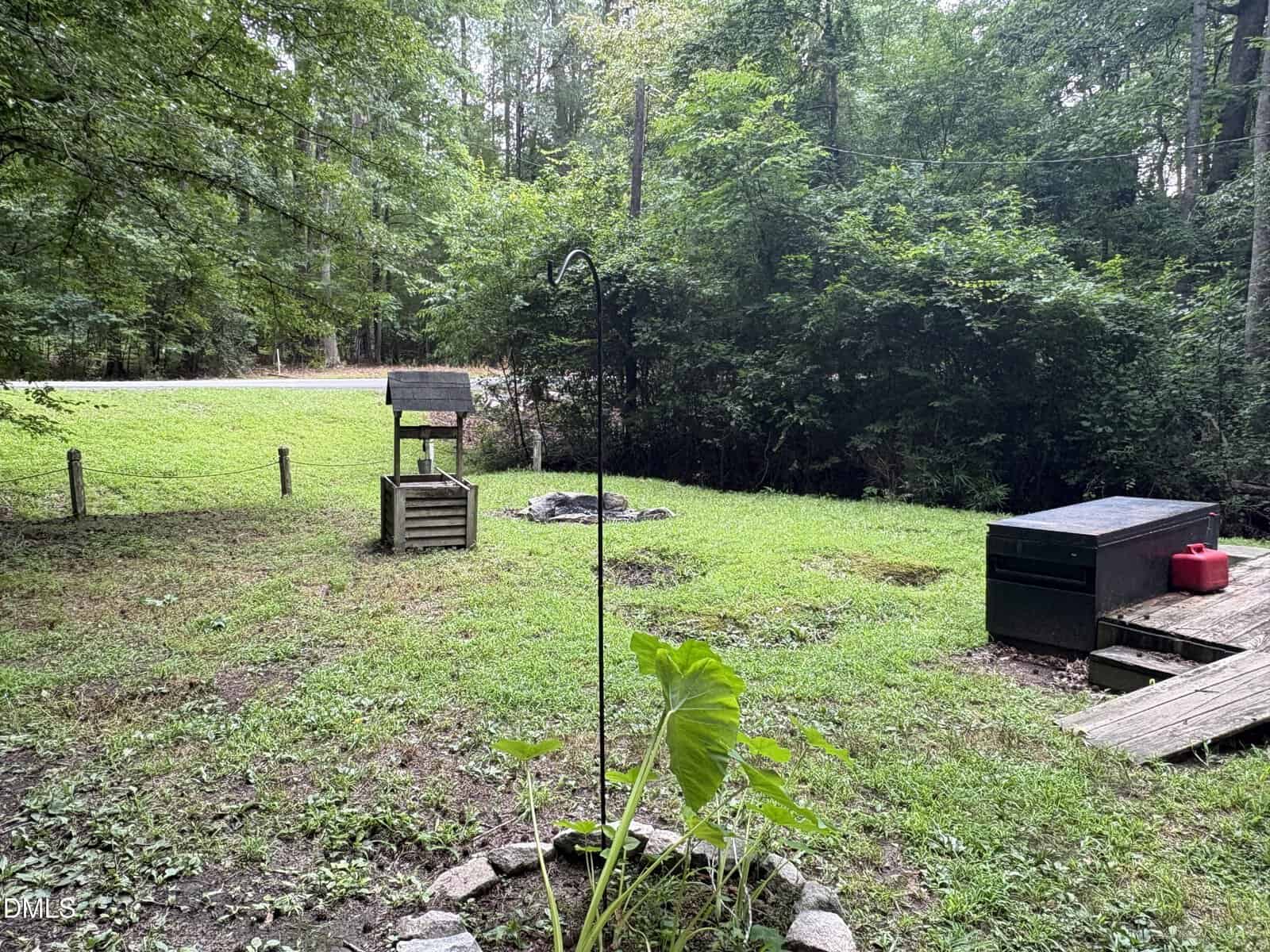 A grassy backyard with a grill, a fire pit, a bird feeder on a pole, and a wooden bench. Trees and bushes surround the area, with a road visible in the background.
