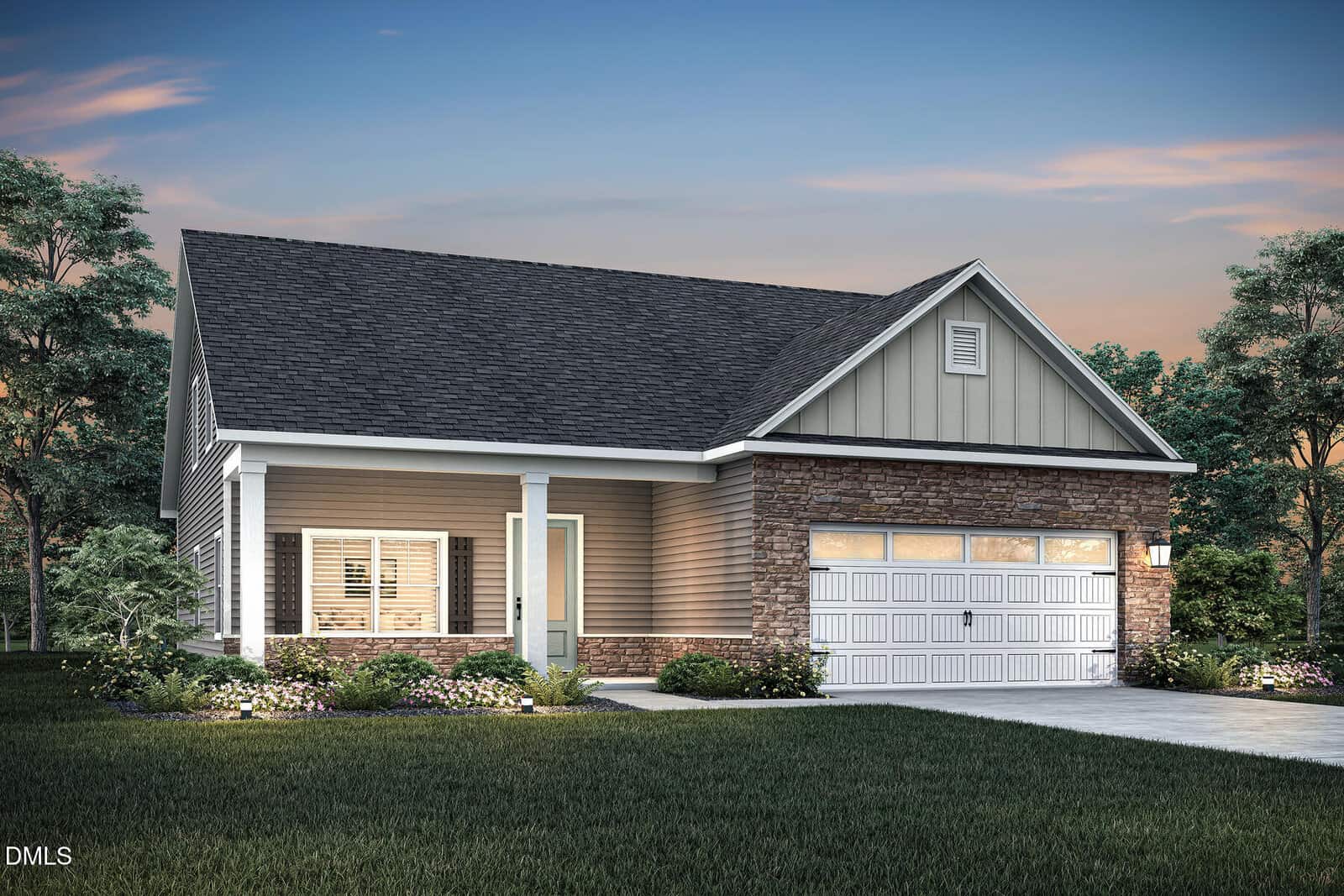 Charming single-story suburban house at 35 Arch Way, Youngsville, featuring a stone and siding exterior, two-car garage, front porch, large windows, and a well-kept lawn, all surrounded by trees at sunset.