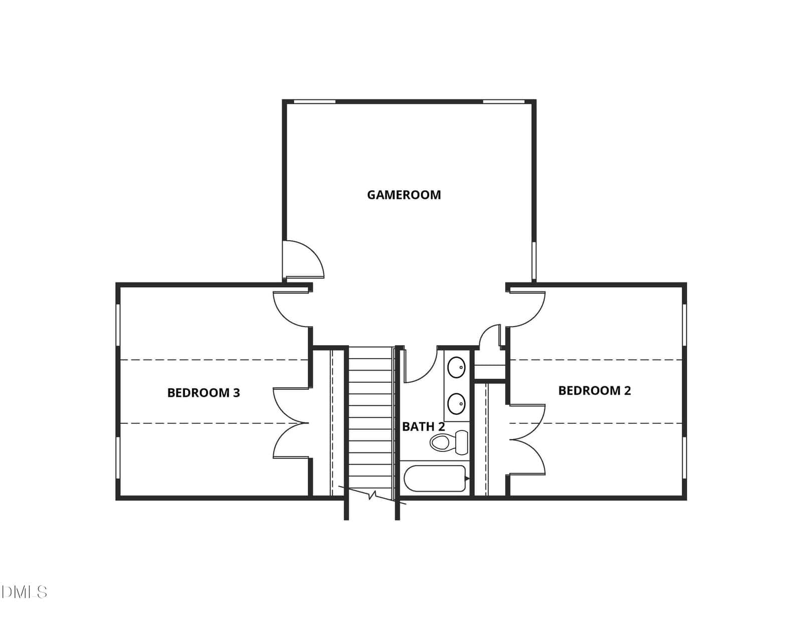 Black and white floor plan shows a game room at the top center, bedrooms 2 and 3 to the sides, and a bathroom in the center, all connected by a hallway with stairs at the bottom.