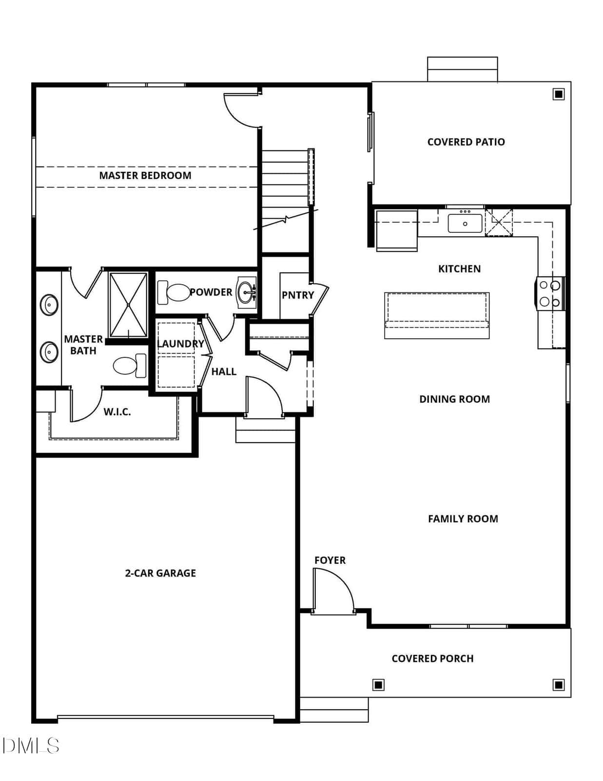 Black and white floor plan showing a master bedroom, bath, walk-in closet, laundry, powder room, kitchen, pantry, dining and family rooms, covered patio and porch, and a 2-car garage.