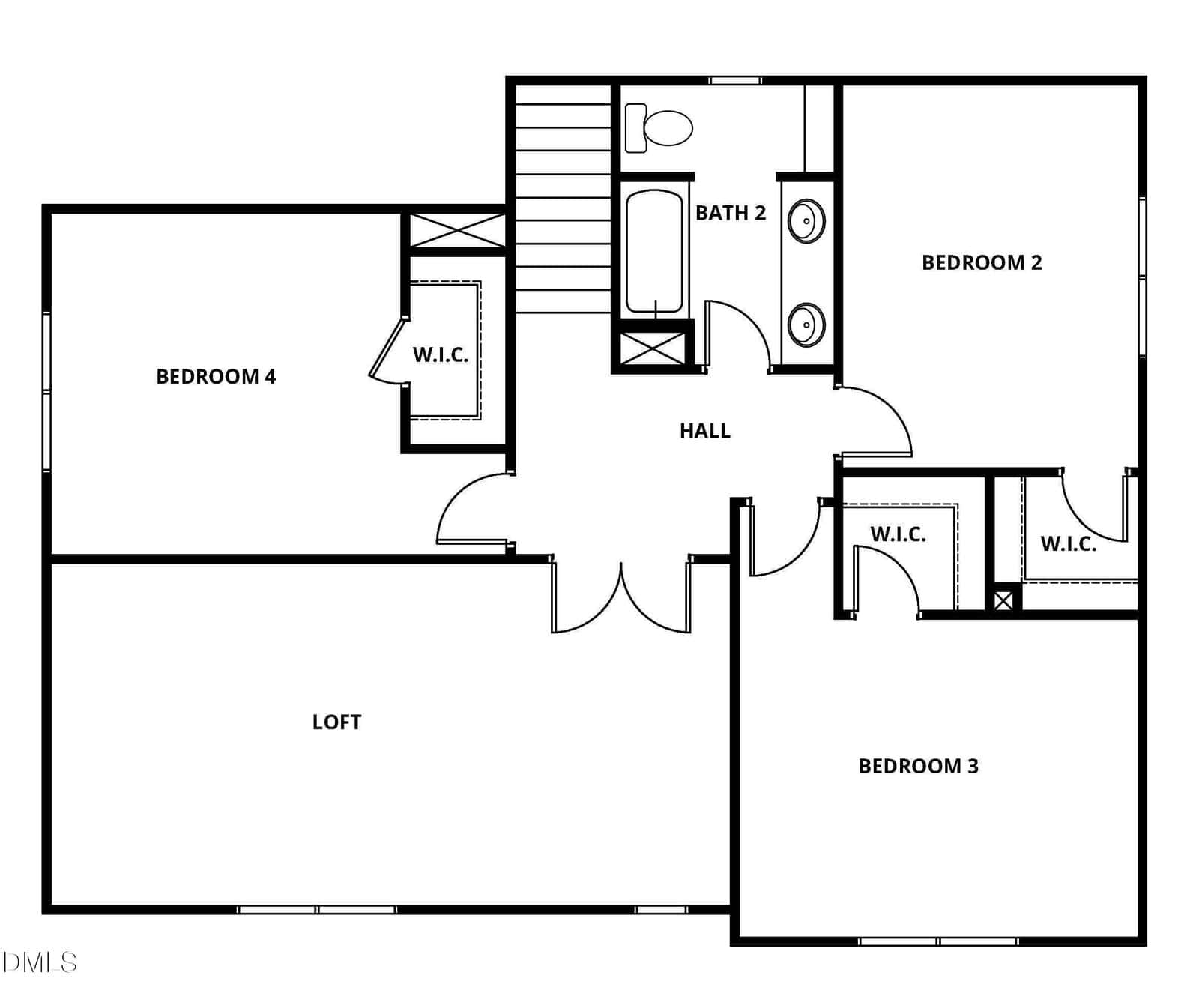 Black and white floor plan with three bedrooms, a loft, two bathrooms, three walk-in closets, and a hall connecting the rooms. Stairs are in the top center. Bedroom 4 is on the left, Bedroom 2 and 3 on the right.