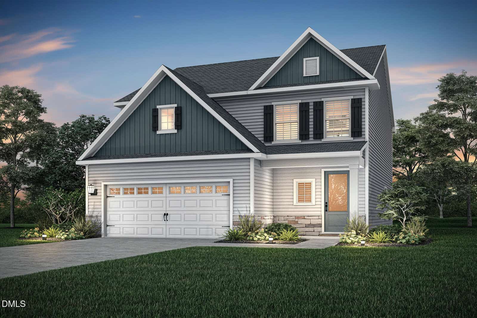 Two-story modern suburban house with dark blue and white siding, double garage, front porch, and landscaped yard located in Youngsville at 45 Arch Way. Evening lighting highlights the windows and entryway, while trees and grass surround the home.