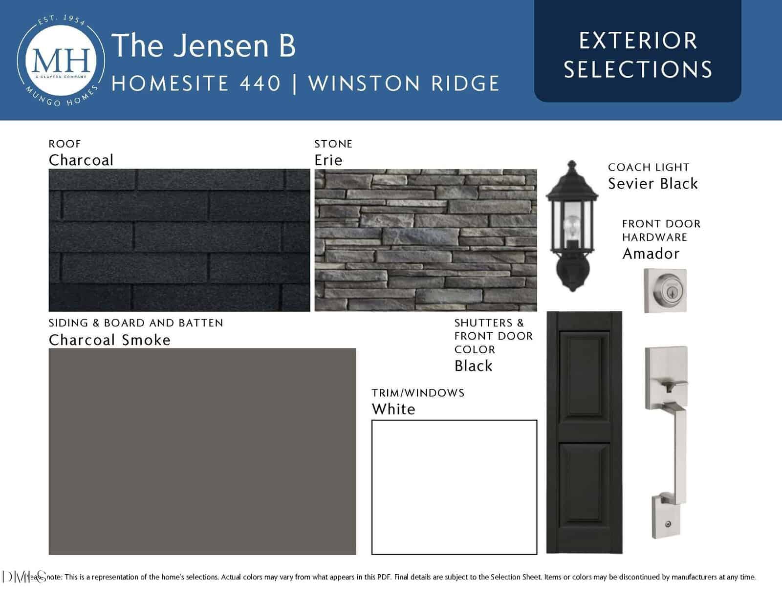 Exterior selection board for The Jensen B home, featuring charcoal roof, Erie stone, charcoal smoke siding, black shutters and door, white trim/windows, Sevier Black coach light, and Amador front door hardware.