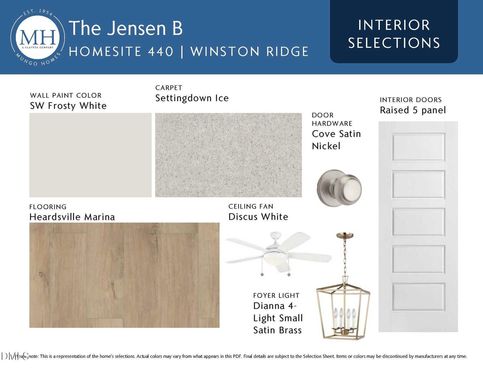 Interior selection board for The Jensen B home showing paint, carpet, flooring, ceiling fan, light fixture, door hardware in neutral tones, and a raised 5-panel white door layout.