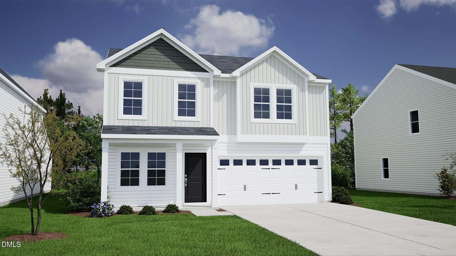A two-story white house with a dark gray roof, double garage, front lawn, and small trees sits at 13 Silverbell Court in Youngsville. The sky is blue with a few clouds, and neighboring houses are visible on each side.