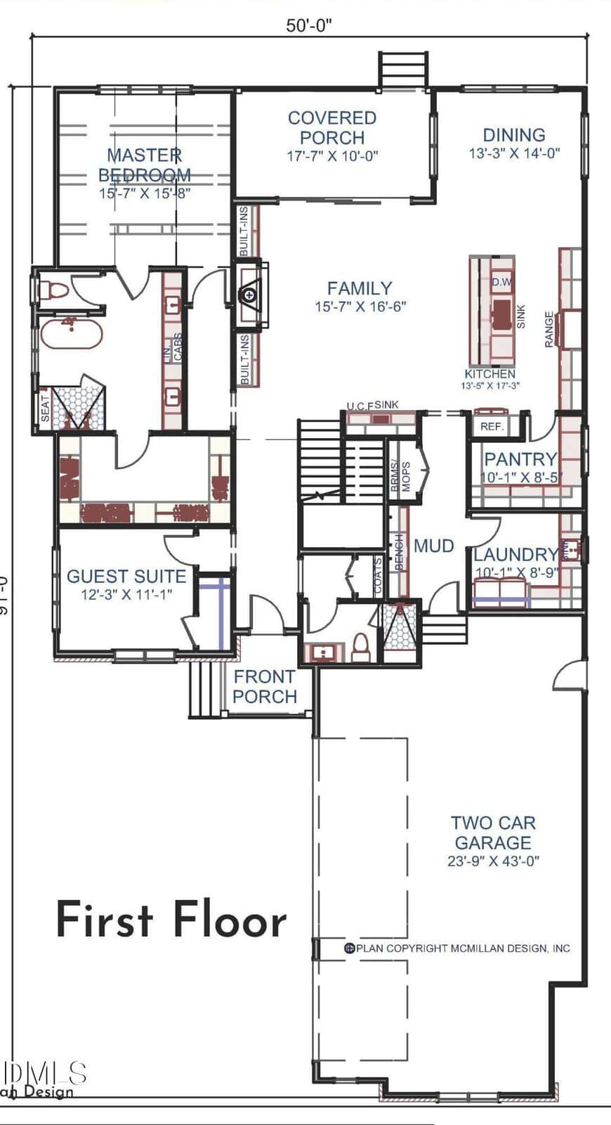 First floor house plan with labeled rooms: master bedroom, guest suite, kitchen, pantry, dining, family room, laundry, mud room, bathrooms, front and covered porch, and two-car garage. Measurements are provided for each space.